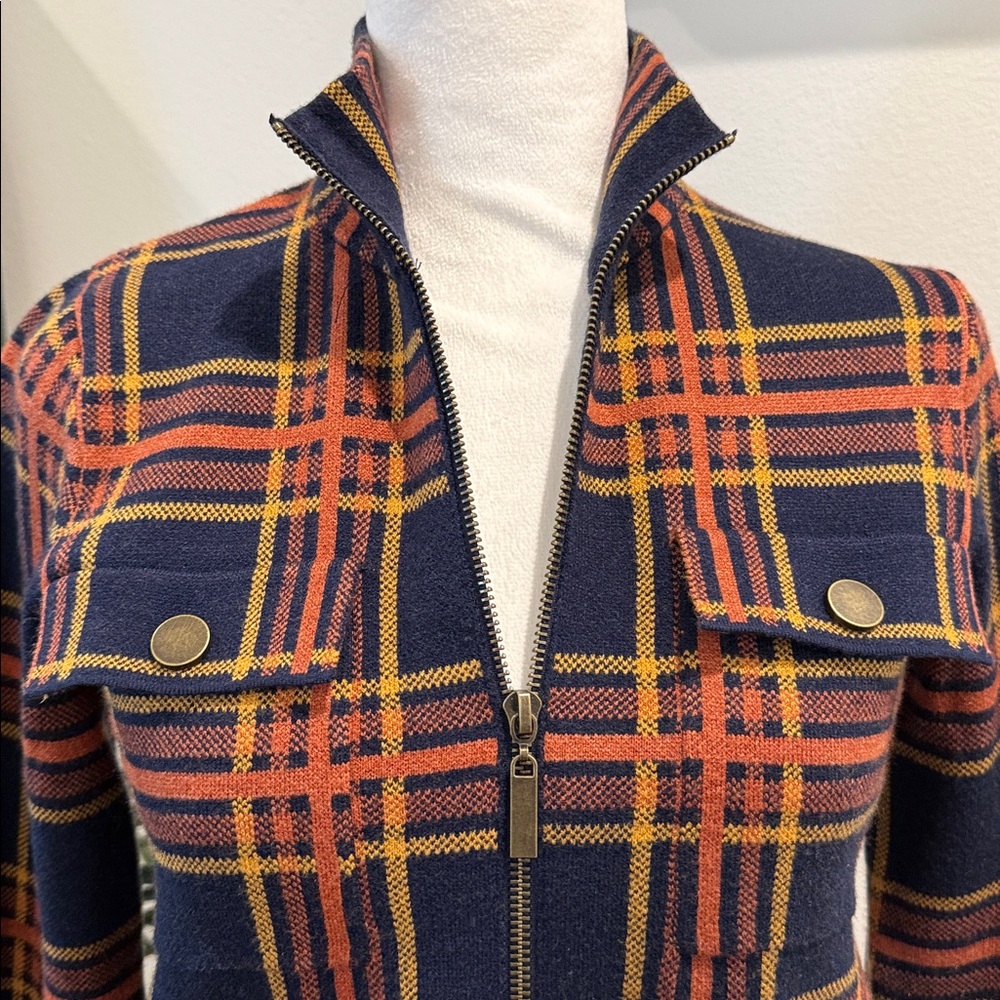 Rachel Zoe Plaid Zip Front Sweater Jacket Shacket Navy Blue Orange NWOT XS - Picture 3 of 16